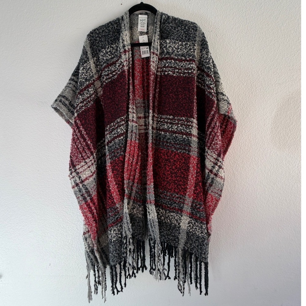 Woolrich Lydia Plaid Wrap Poncho Red Grey Black Fringe OSFA‎ New With Tags